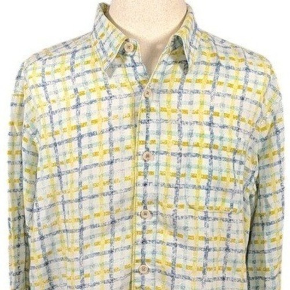 Tommy Bahama Relax Mens XL Linen Plaid Long Sleeve Button Down Shirt Yellow Blue